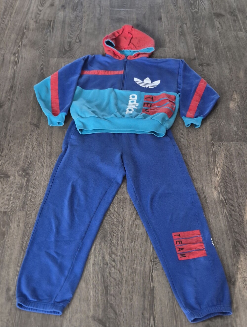 Adidas Team  Blue Teal and Red Colorblock Hoodie Sweatsuit Medium M Vintage